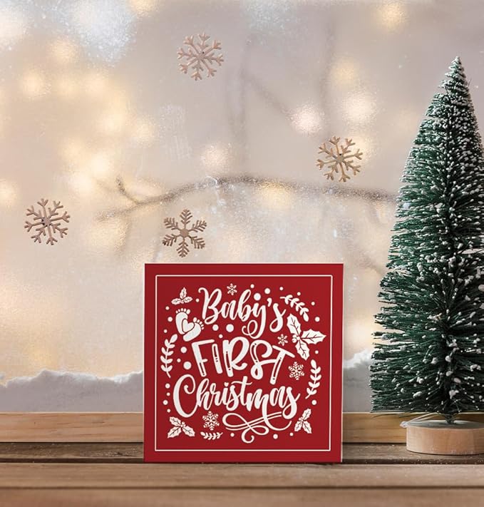 Baby's First Christmas Wooden Box Sign, Baby's First Christmas Ornament Gifts for Toddler Boy Girl, My First Holiday Milestone Decorative Signs, Newborn Baby Keepsake Gifts, 5x5 Inch