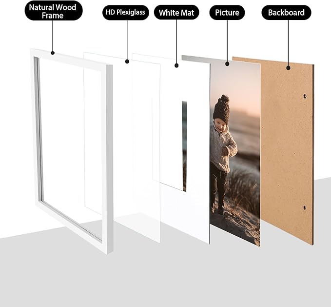 KINLINK 8x12 Picture Frame White, Solid Wood Frames with Acrylic Plexiglass for Pictures 6x8 with Mat or 8x12 without Mat, Tabletop and Wall Display Photo Frame, Set of 4