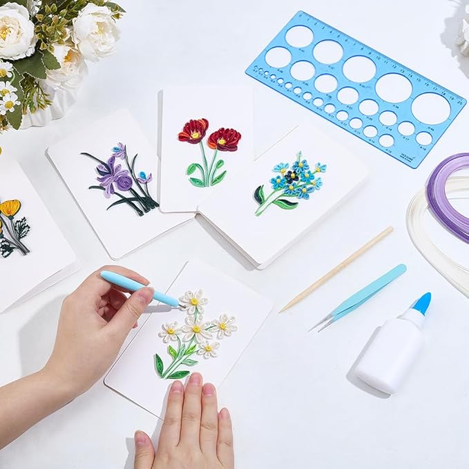 WEBEEDY 20 Sets Flower Card Making Kit Paper Quilling Kit with Instruction for Adult Beginner 5 Styles 3D Greeting Card Handmade Tulips Lilies Iris Lilacs Cards for Christmas Birthday Wedding Decor