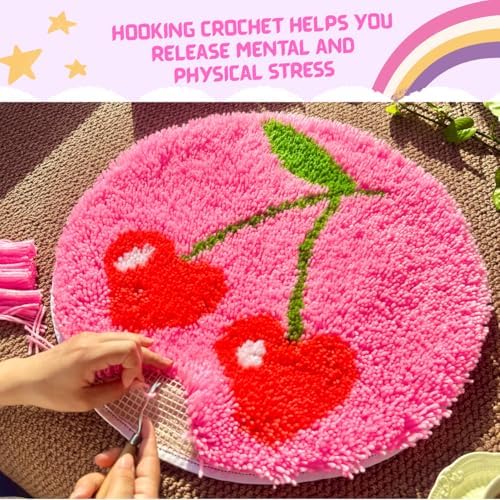 MeoobkCraft Cherry Whisper for Latch Hook Kits for Adults Beginners Cherry Pre-Printed Latch Hook Rug Kits Embroidery Cross-Stitch for Home Home Decoration 19.7 x 19.7in - Image 3