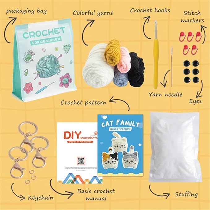 Linhao Jew Crochet Kit for Beginners – Knitting Kits Cute Animal Kitten Keychain with Pre-Started Easy Yarn, Step-by-Step Video Tutorials for Adults & Kids DIY Crafts (Kitten)