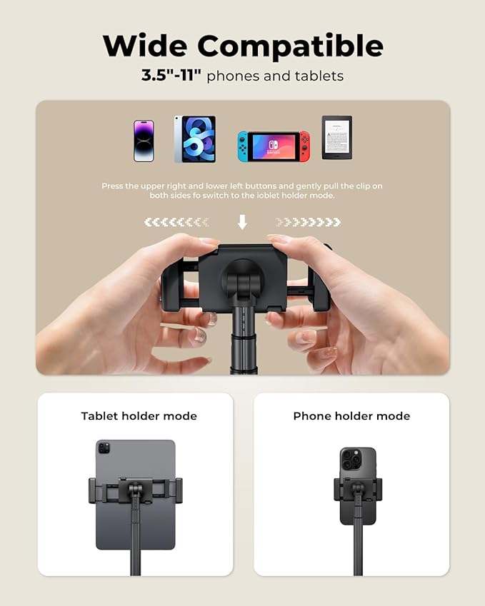 Tablet Floor Stand, Adjustable iPad Holder for Bed & Sofa - 360° Rotating Long Arm, Height Adjustable from 13.5" to 60.3", Sturdy Metal Base for iPad, Tablet, Phone (4-13 Inch), Black