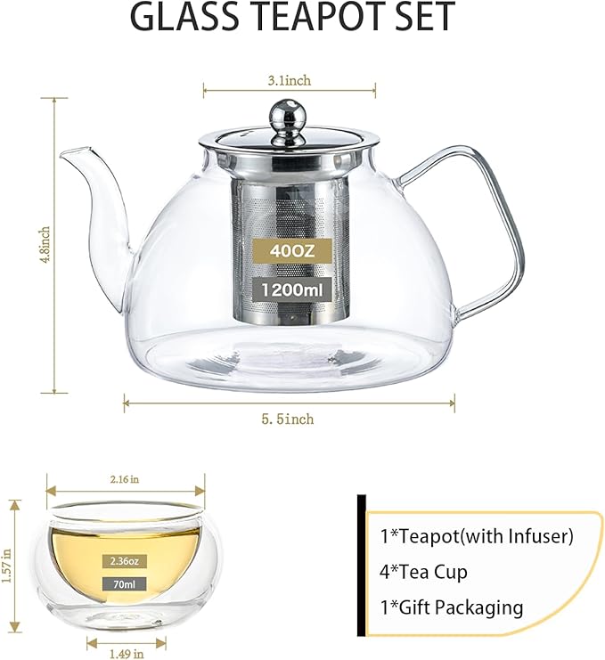 1200ml/40 oz Glass Teapot with 4 Double Wall Teacups and Removable Stainless Steel Infuser, Tea Sets for Adults, Clear Tea Kettle Stovetop Safe for Loose Leaf and Blooming Tea,Gifts for Christmas