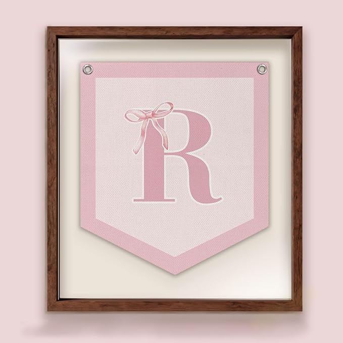 Lacama Initial Personalized Preppy Banner, Baby Girl Nursery Shower Decor Gifts, Coquette Pink Bow Teen Girl Gifts, Vintage Room Decor Toddler Room Bedroom Playroom Front Door Birthday Gift(R)