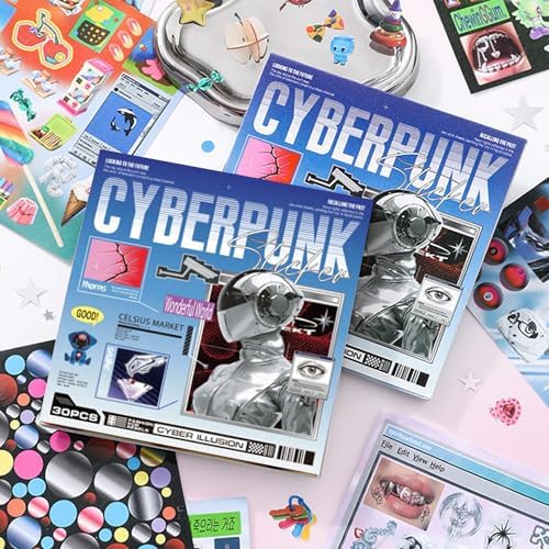 Sticker Book for Junk Journal Supplies, Cyberpunk Retro Futuristic 30 Sheets DIY Scrapbook Stickers with Glitter Glossy Matte Foil, 125x125mm Blue, for Scrapbooking Journaling - Image 6