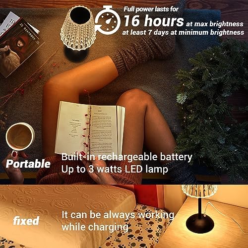 Cordless Table Lamp, 4000mAh Rechargeable Battery Operated Lamp, 3 Color Modes & Stepless Dimmable LED Touch Lamp, Portable Crystal Metal Beside Lamps for Bedroom Restaurant Outdoor(Black) - Image 2