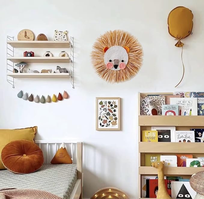 Charlbytion Wall Art Animal Head Hand Knitted Hanging,Cotton Thread Weaving Straw Cartoon Tassel Beard Lion Tiger Macrame Pendant Nursery Room Wall Decor for Home Decoration (16''*16'', G)