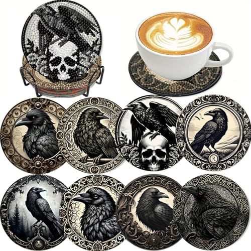 LWZAYS 8 Pcs Halloween Diamond Art Coasters Kit - DIY 5D Horror Crow Diamond Painting Coasters with Holder, Mini Small Diamonds Arts Kits for Adults Coaster, Gem Art Arts and Crafts for Adults by LWZAYS