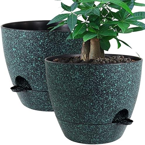 12inch 2Pack Large Self Watering Planters, Plastic Plant Pots with 60oZ Removable Deep Reservoir and Multi Mesh Drainage Holes for Indoor Outdoor Garden Plants and Flowers, Black with Green Speckles by UOUZ
