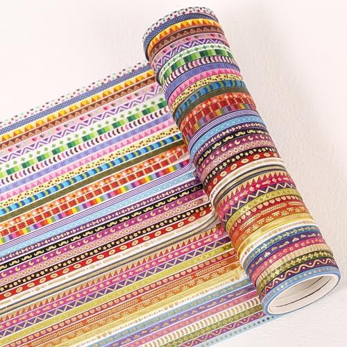 emmoolife 50 Rolls Skinny Washi Tape Set 3mm Wide, Gold Foil Print Masking Thin Basic Patterns Decorative Tapes for Scrapbooking, Junk Journal Supplies, Bullet Journaling, Craft Tape for Women Girl - Image 6
