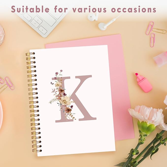 Lacama Pink Wildflower Initial Letter K Notebook Journal, Aesthetic Personalized Spiral Notebook, Customized Monogrammed Gifts, Birthday Gifts for Women, School Supplies， Office Supplies 5.5x8.3