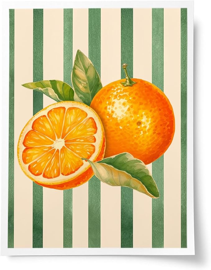Orange Citrus Watercolor Wall Art – Fresh Fruit Botanical Print – Modern Kitchen Decor with Green Stripes – Summer Fruit Illustration Canvas Poster 16x20inch-Unframed