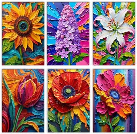 Oil Painting Flowers 6 Pack DIY Paint by Numbers Kits for Adults Sunflower Poppy Lavender Lily Flower Acrylic Paint Number Painting Kits on 8x12 Inch Canvas without Frame Floral Home Wall Decor by Tucocoo