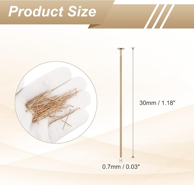 HARFINGTON 100pcs Flat Head Pins 1.18" 30mm Needles Bulk for Earring Pendant Necklace Bracelet Charm Jewelry Making Findings DIY Craft, Champagne Gold