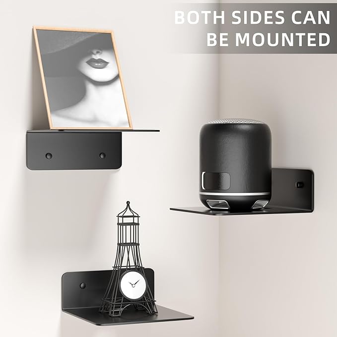 Small Wall Shelves Set of 3, 5 Inch Metal Display Ledges for Small Models, Funkos, Collectibles, Little Statues, Adhesive Floating Shelves for Bathroom, Living Room, Bedroom (Black)