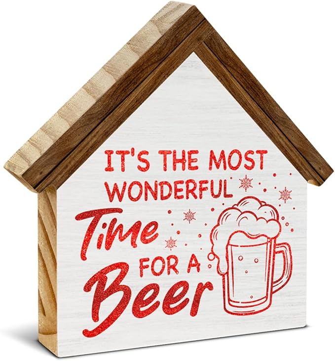 Christmas Bar Sign Decor, It's the Most Wonderful Time for a Beer House Shaped Wood Sign, Kitchen Home Bar Christmas Decorations