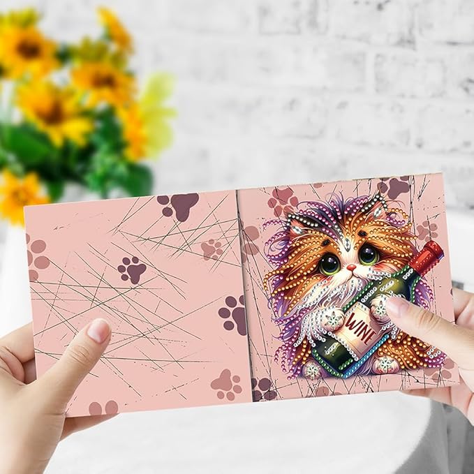 C'eitura 6Pcs DIY Diamond Art Greeting Cards, Fun Cat with Wine Bottle Design Blank All Occasion Cards with Envelopes, Unique Birthday Thank You Note for Cat Lovers, Wine Enthusiasts & Party Friends