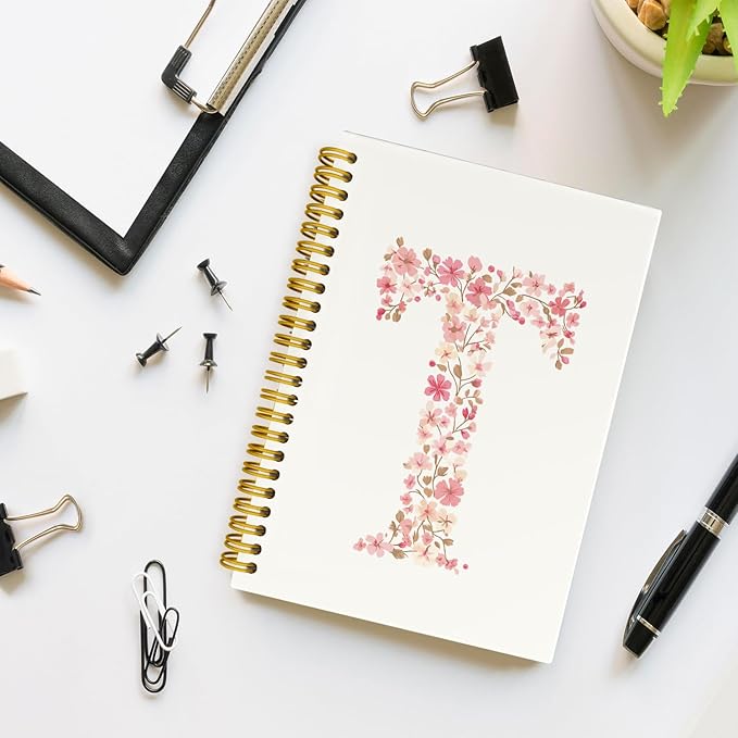 Pink Cute Spiral Notebook Journal, Preppy Floral Initial Letter T Personalized Journaling Notebooks, Monogrammed Gifts for Women Girls, Botanical Hardcover Spiral Lined Notebook 5.5 x 8.3