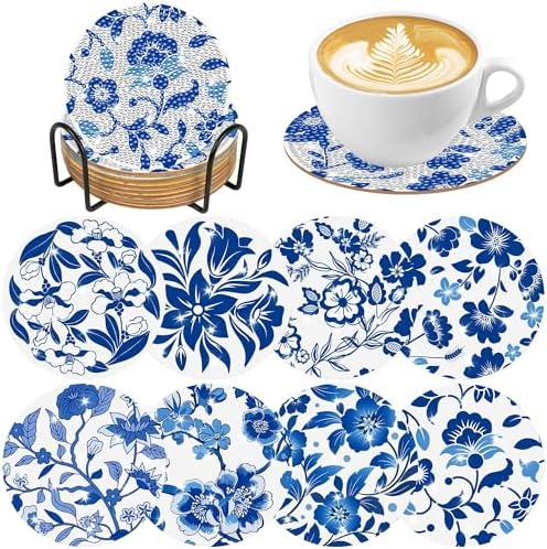 Blue Floral Chinoiserie Diamond Art Coasters, Diamond Painting Coaster Kit by CRASHOT