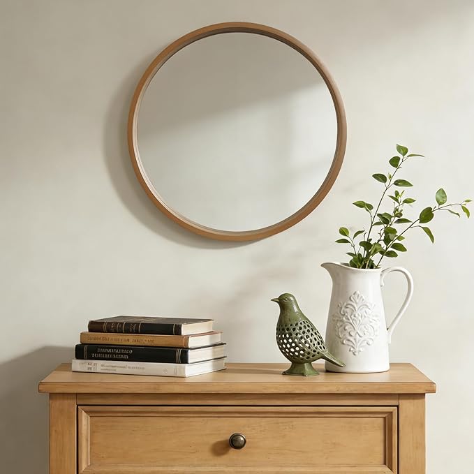 WallBeyond 24 Inch Natural Round Wood Mirror, Circle Wooden Frame Wall Mirror for Bathroom, Living Room, Bedroom, Entryway