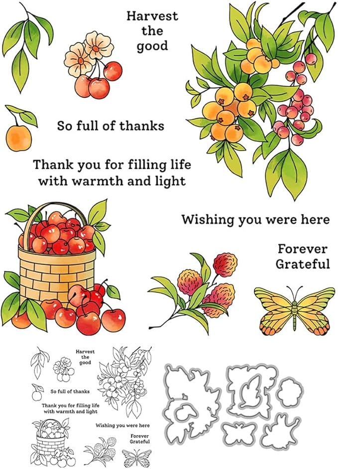 Harvest Season Fruit Basket Stamps and Cutting Dies for Card Making DIY Transparent Silicone Clear Stamp and Metal Die Cuts Sets for Scrapbooking Paper Greeting Cards Decor Seals Craft Supplies