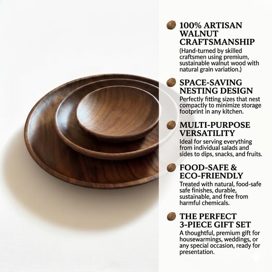 Handcrafted Walnut Wood Serving Plates - Set of 3 Stackable Round Wooden Trays - 7, 6, 4 Inch Food-Safe Plates for Charcuterie, Snacks, Sushi, desert plate, Jewelry Dish & Minimalist Home Decor - Image 6
