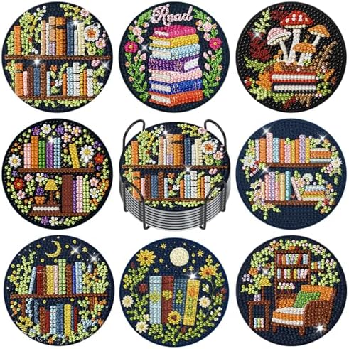 Diamond Art Coasters Kit for Adults, 8PCS Bookshelf Coasters with Holder by GEEHEIY