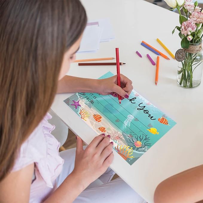 Andaz Press Kids Fill in the Blank Thank You Cards - 20 Cards Including Envelopes Under The Sea Gender Neutral Note Cards For Boys Girls Birthday Party Thank You Notes for Friends Family Party Guests