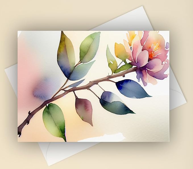 Vintage Watercolor Flowers Greeting Cards - Set of 10 All Occasion 5 x 7 Note Cards with Envelopes. Blank Inside. Botanical Floral Designs of Flowers, Leaves and Branches Inspired by Nature.