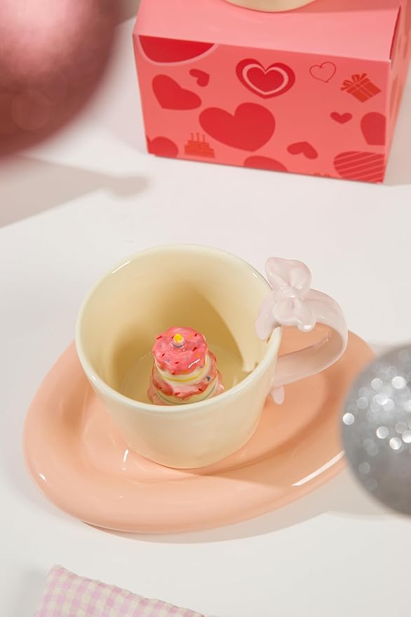 DIHOclub Ceramic Coffee Mug with Birthday Cake & Bow Handle, Giftable Novelty Tea Cup for Birthday Anniversary (Cream)