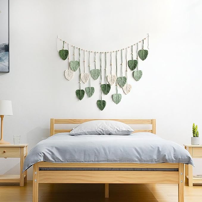 Avoik Macrame Woven Wall Hanging Tapestry Boho Chic Home Decor Woven Green Leaf Large Tapestry Wall Art Decor Handmade Feather for Bedroom Living Room Apartment Hanging Decorations, 47x29 inch