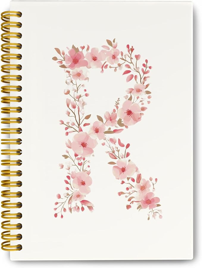 Pink Cute Spiral Notebook Journal, Preppy Floral Initial Letter R Personalized Journaling Notebooks, Monogrammed Gifts for Women Girls, Botanical Hardcover Spiral Lined Notebook 5.5 x 8.3