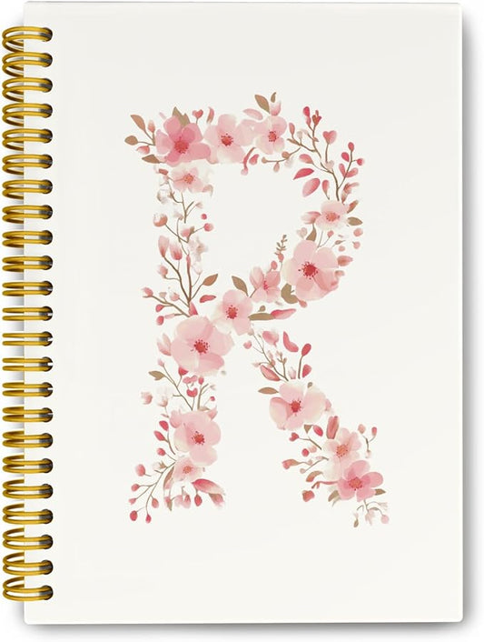 Pink Cute Spiral Notebook Journal, Preppy Floral Initial Letter R Personalized Journaling Notebooks, Monogrammed Gifts for Women Girls, Botanical Hardcover Spiral Lined Notebook 5.5 x 8.3