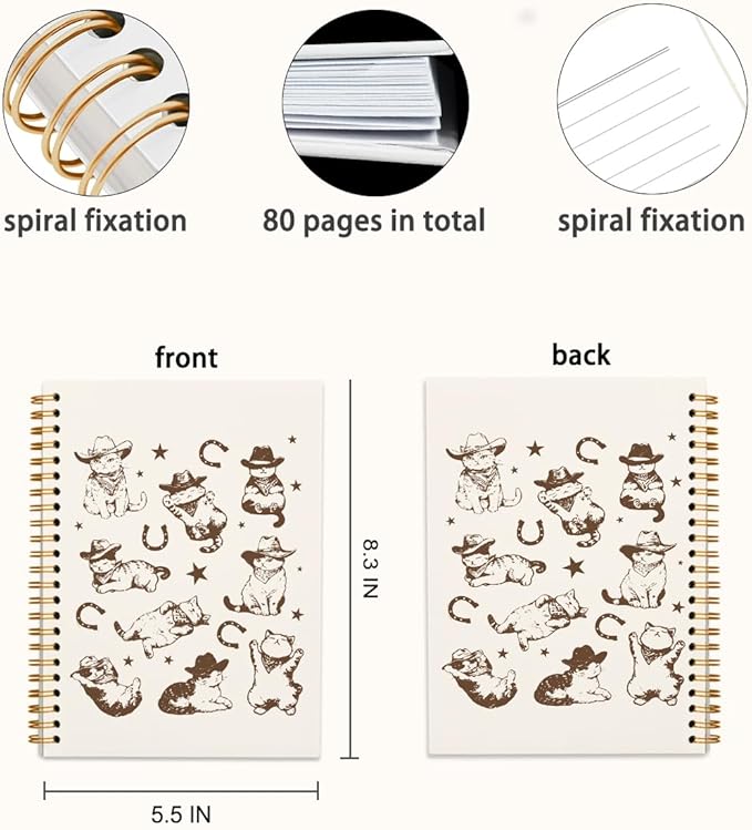 Western Cat Spiral Notebook Journal, Cat Mom Lovers Owners Gifts for Women, Vintage Western Cowboy Kittens Aesthetic Notebooks Journals for Work School Note Taking, 5.5x8.3