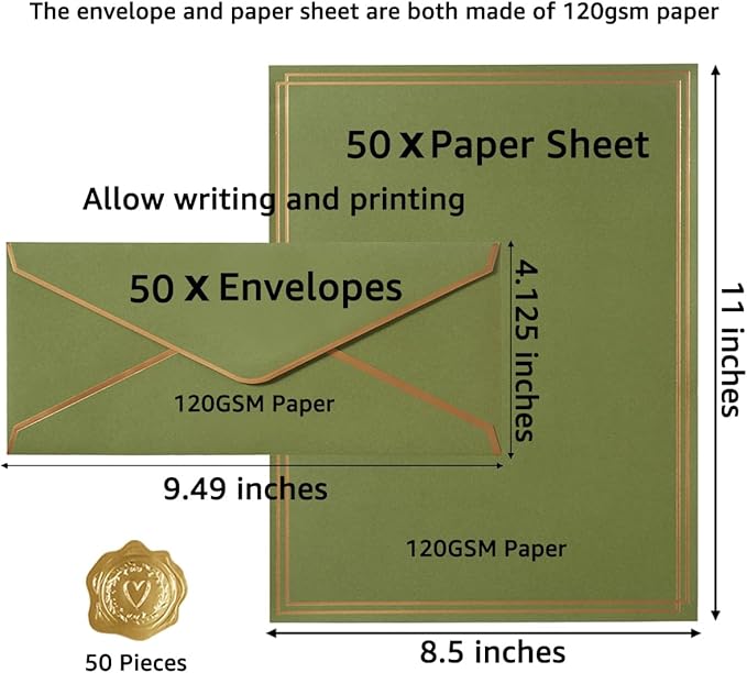 50 Pack Stationery Set with Gold Border, #10 Business Envelopes and 8.5x11 Paper Sheets and Stickers for Writing Letters (Olive Green, 8.5x11 Inches)