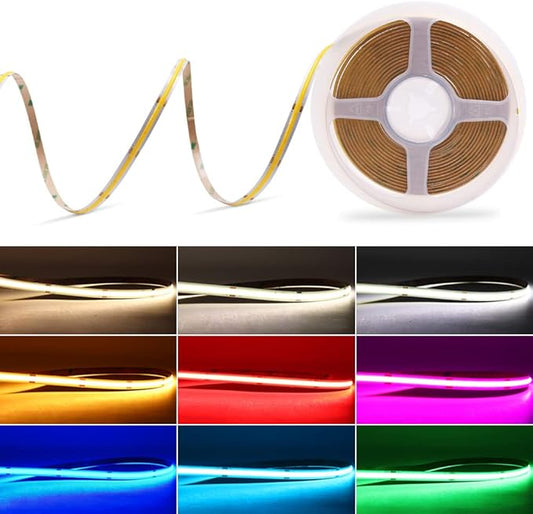 12V Green COB LED Strip Light 8mm Width, 480LEDs/m 16.4FT/5M CRI 90, High Bright Flexible Cuttable LED Tape for House Kitchen Room Ceiling Decor (DC12V, Without Power Supply)