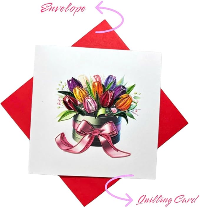 Handmade Quilling Tulip Flower Box Card – 3D Pop-Up Multicolor Floral Greeting with Red Envelope – Blank Inside – Birthday, Mother’s Day, Thank You, Anniversary