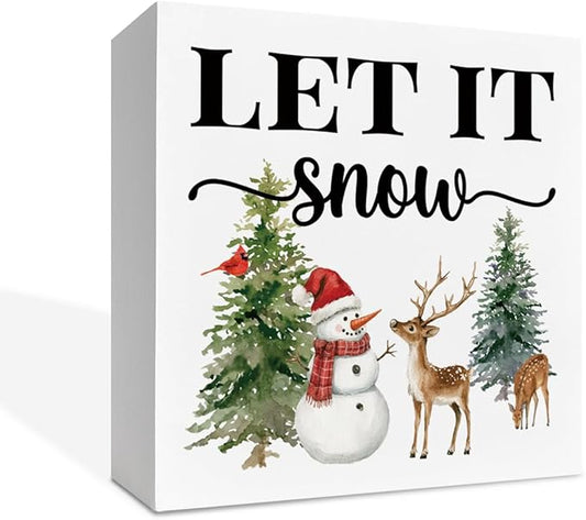 Christmas Wooden Desk Decor Sign, Let It Snow Wooden Box Sign, Winter Holiday Tabletop Home Plaque with Snowman and Deer Design, Christmas Decor for Living Room Bedroom 5x5 Inches