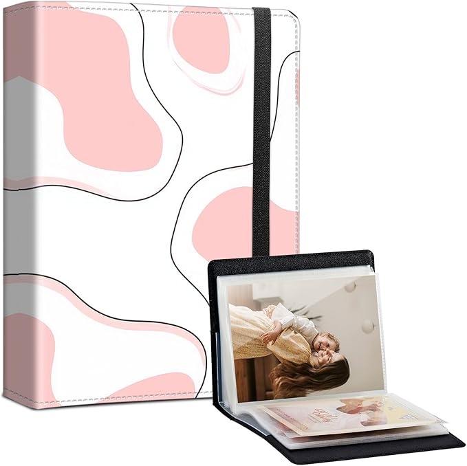 Photo Album 4x6-120 Photos Capacity,PU Leather Cover with Elastic Band,High Definition Waterproof PP Pages for Family Wedding Anniversary Baby Record,Pink cow
