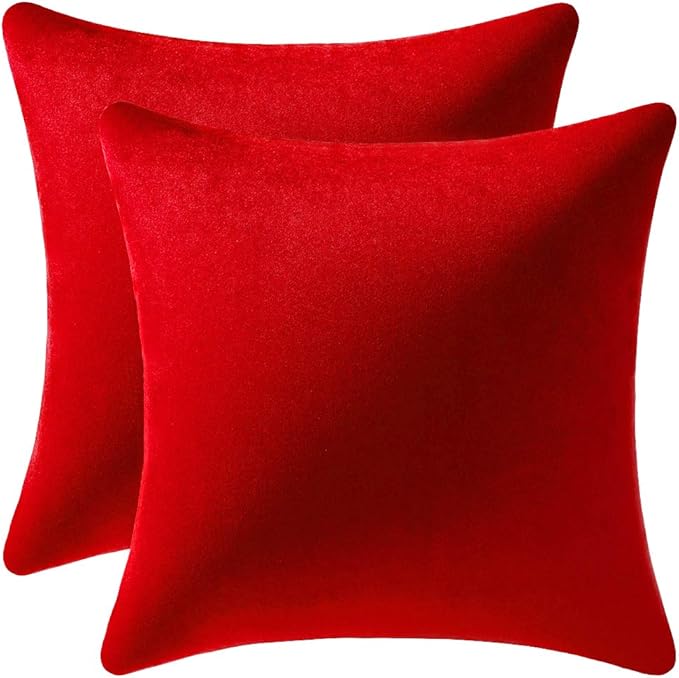 Throw Pillow Covers 22x22 Christmas Red: 2 Pack Cozy Soft Velvet Square Decorative Pillow Cases for Farmhouse Home Decor
