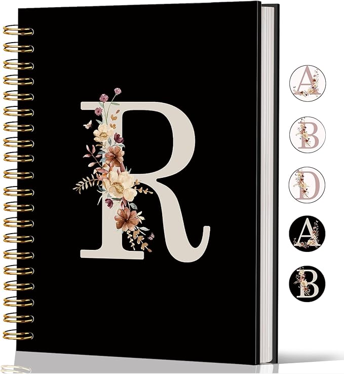 Lacama Black Initial Letter R School Notebook Journal, Cute Wildflower Personalized Spiral Notebook, School Supplies, Customized Monogrammed Gifts, Birthday Gifts for Women, Office Supplies