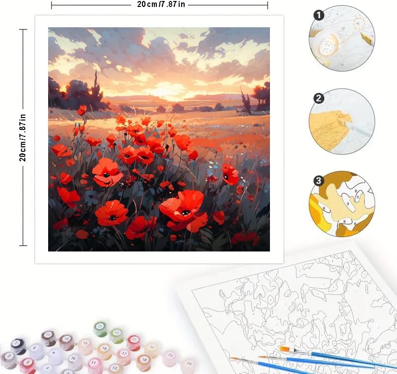 Sunset Poppy Field Digital Painting Kit for Adults - DIY Flower Landscape Oil Painting on Canvas 7.87x7.87 Inches, Framed Acrylic Paint Kit, Good for Beginners, Warm Home Decor or Gift Artwork - Image 2