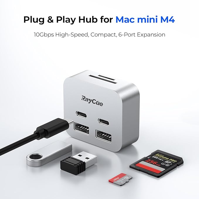 RayCue MiniPack Expansion Dock for Mac mini M4 | 6-Port USB-C Hub with Dual 10Gbps Adapters, 2 * 10G USB-C/ 2 * 10G USB-A/SD TF 3.0 Card Reader | High-Speed Data Transfer & Multi-Device Connectivity