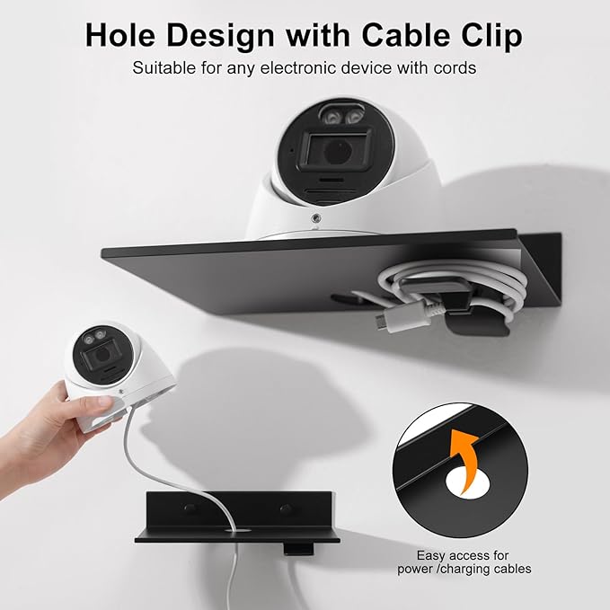 Small Metal Shelves for Wall, Self-Adhesive Floating Corner Shelves with Cable Clip, Wall Mounted, Renter Friendly Display Shelf for Smart Speaker Cameras Monitor Routers, Matt Black, Metal, 8 inch