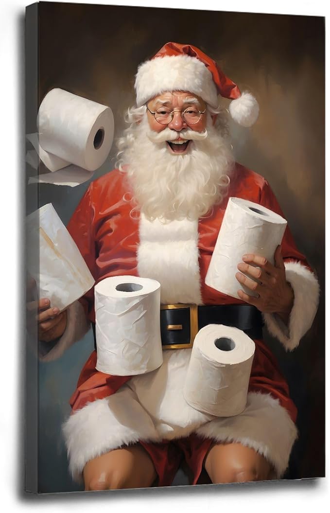 Framed Canvas Santa Bathroom Wall Art Toilet Humor Decor Vintage Christmas Holiday Wall Art Restroom Amusing Gift Santa Toilet Rolls Funny Poster 16x24in Wood Framed