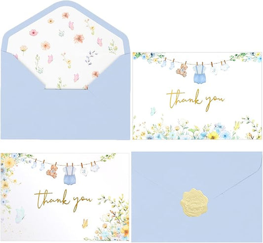 50 Pack Blue Baby Shower Thank You Card Shower Blue Gold Foil Greeting Card with Envelopes And Stickers Set Bulk for Baby Shower Birthday Party (Blue Gold)