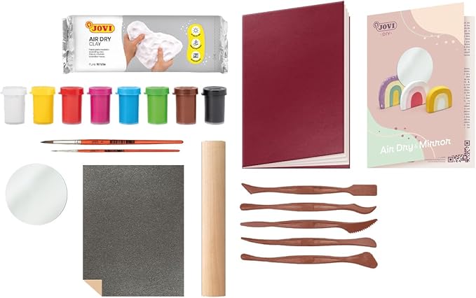 Jovi - DIY Air Dry Kit & Mirror - Pottery Kit for Adults, Making a Mirror Holder with White Air Dry Clay + Paints, Sculpting Tools, Step-by-Step Guide and Video Tutorial, Starter Set for Beginners