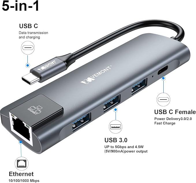 VEMONT 5 in1 USB C hub, Type-c multiport Adapter with Gigabit Ethernet, 3 USB 3.0 hub for Data, 100W Power Delivery, USB hub for Laptop MacBook or ipad, and Other USB C Devices