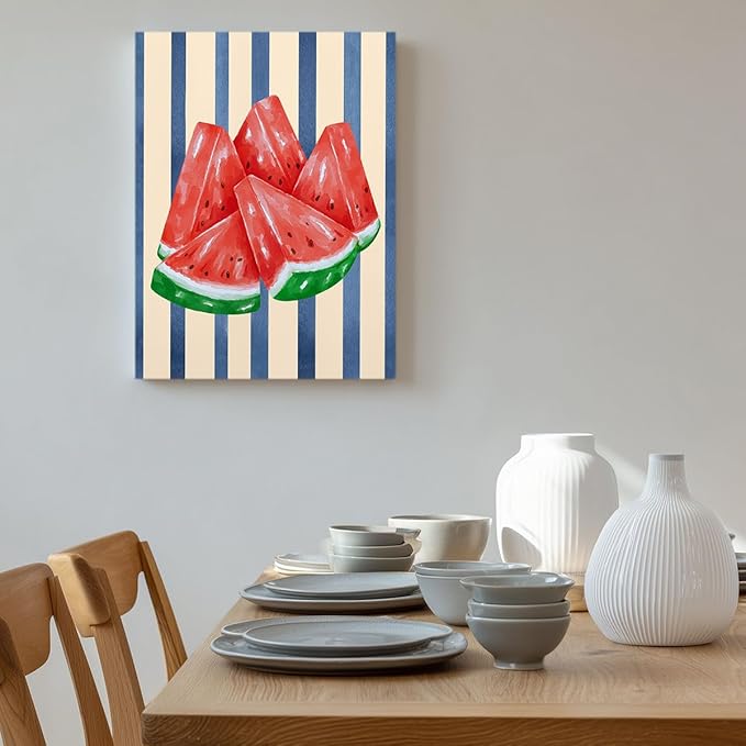 Watermelon Watercolor Wall Art – Fresh Summer Fruit Canvas Print – Blue Stripe Kitchen Decor – Watermelon Slice Illustration Poster 24x32inch-Unframed