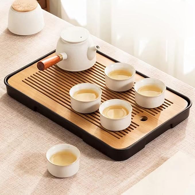 14 Inch Bamboo Chinese Gongfu Tea Tray Table Box with Water Storage for Kungfu Tea Set (Style 5 Black)